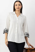 Off White Striped Viscose Linen Shirt with Collar & 3/4 Sleeves
