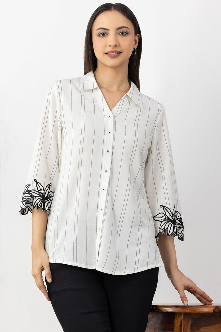 Off White Striped Viscose Linen Shirt with Collar &amp; 3/4 Sleeves
