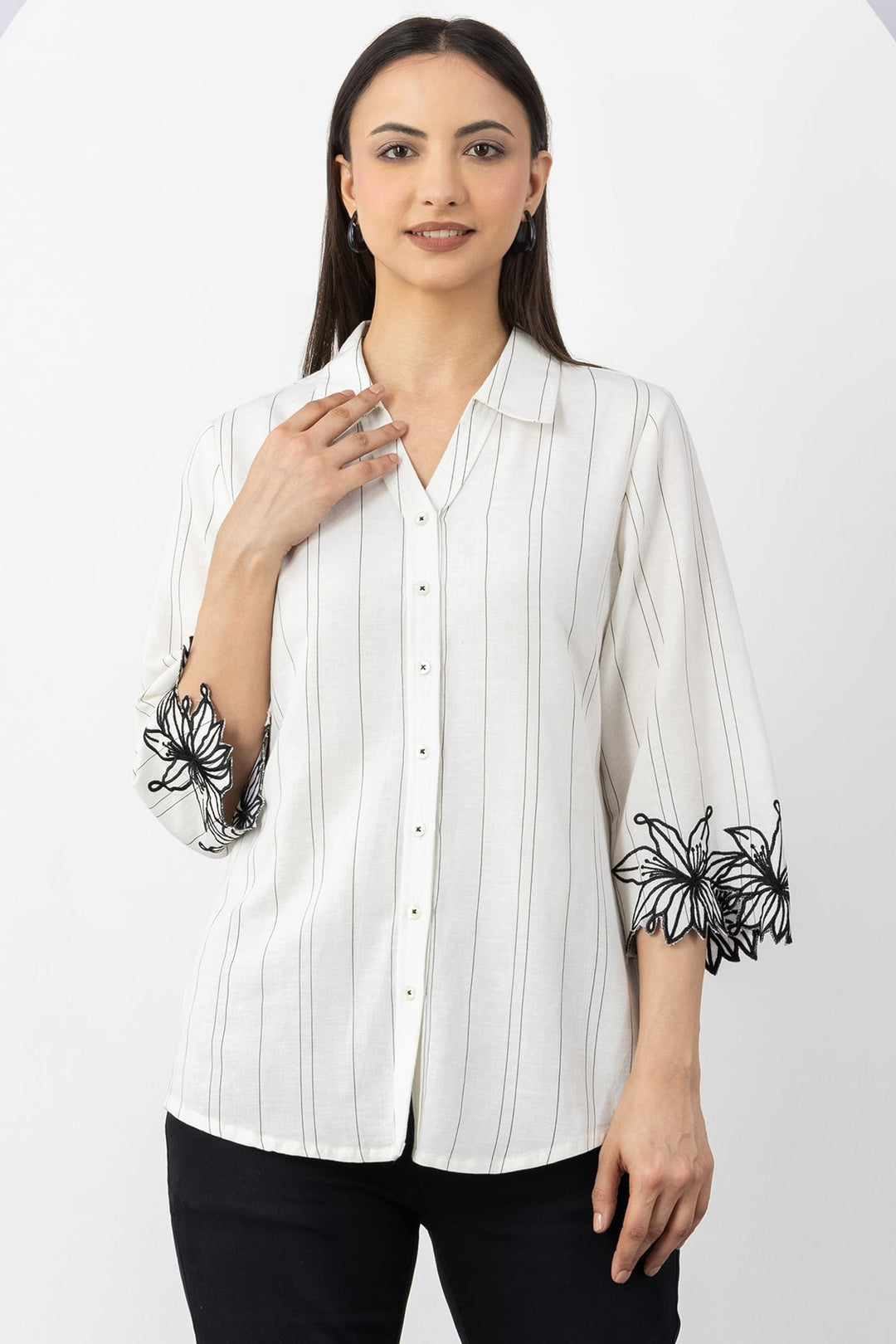 Off White Striped Viscose Linen Shirt with Collar &amp; 3/4 Sleeves
