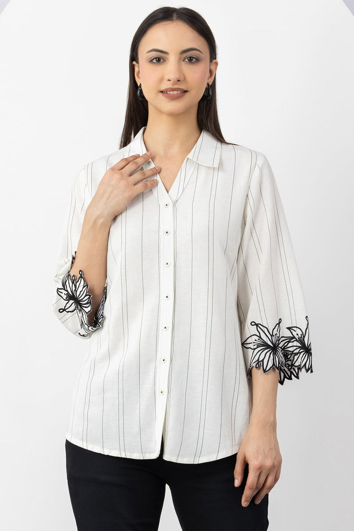 Off White Striped Viscose Linen Shirt with Collar &amp; 3/4 Sleeves