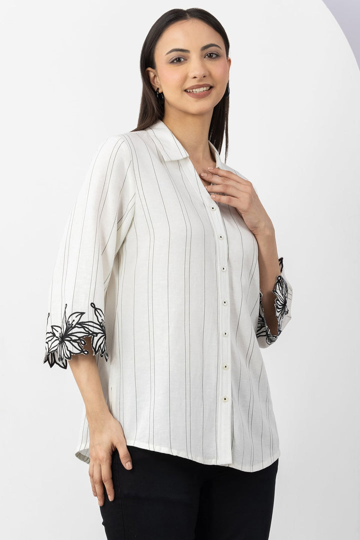 Off White Striped Viscose Linen Shirt with Collar &amp; 3/4 Sleeves