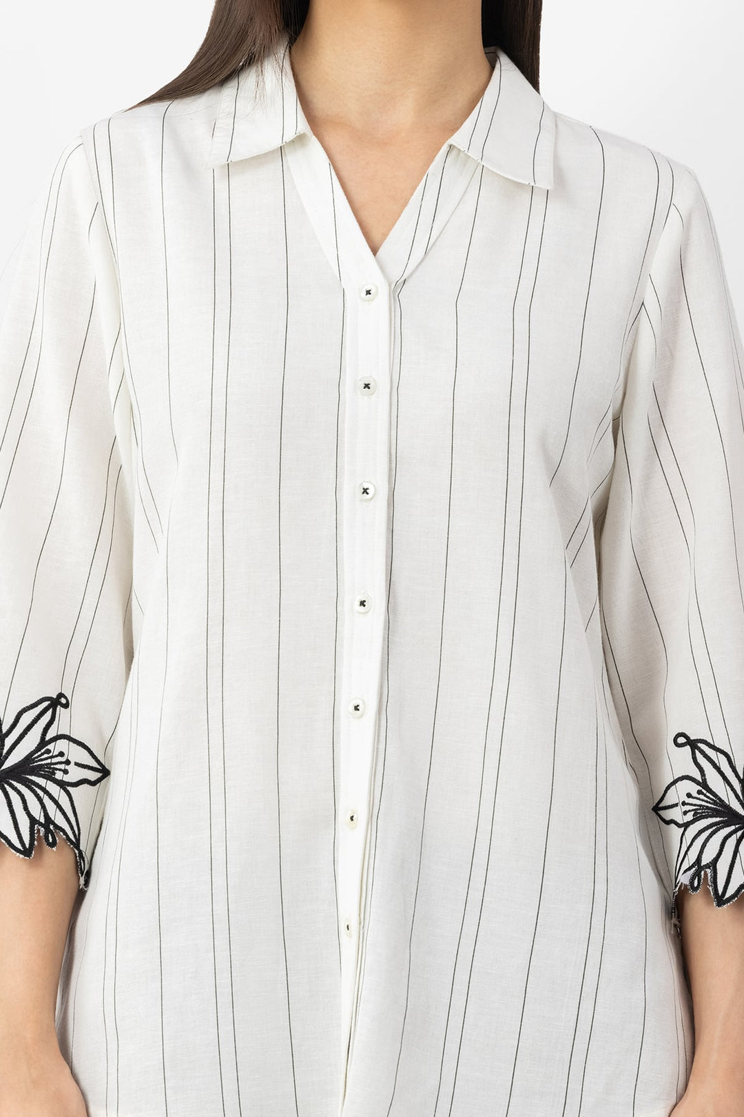 Off White Striped Viscose Linen Shirt with Collar &amp; 3/4 Sleeves