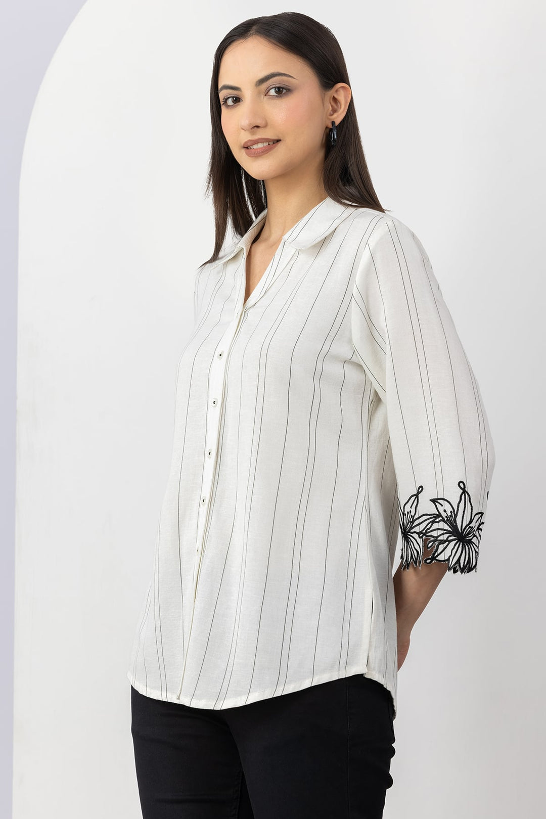 Off White Striped Viscose Linen Shirt with Collar &amp; 3/4 Sleeves