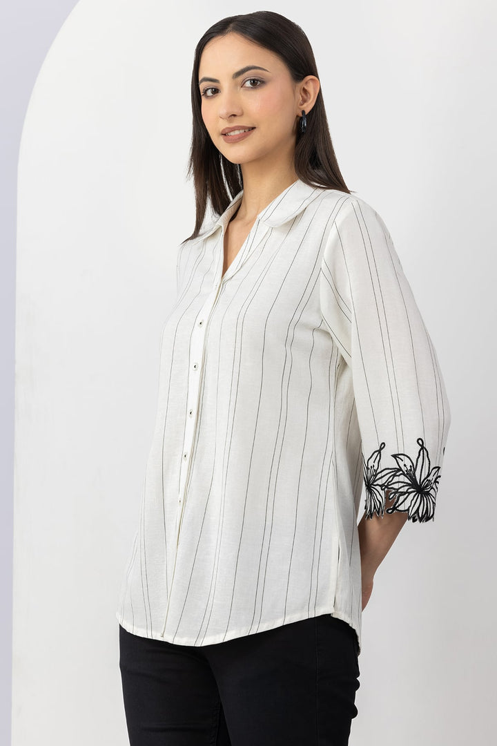 Off White Striped Viscose Linen Shirt with Collar &amp; 3/4 Sleeves