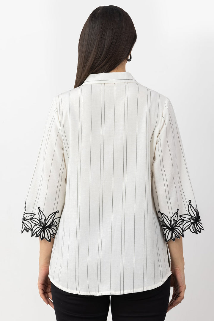 Off White Striped Viscose Linen Shirt with Collar &amp; 3/4 Sleeves
