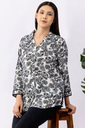 Black Printed Viscose Shirt with Collar & 3/4 Sleeves