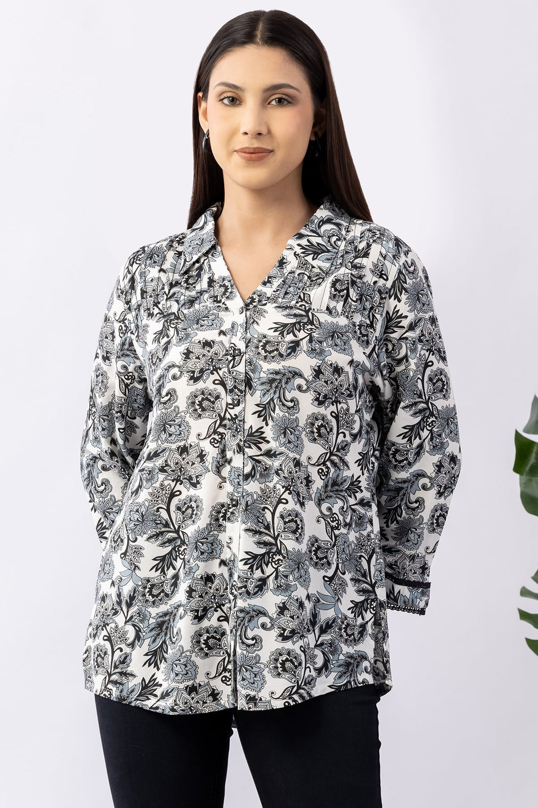 Black Printed Viscose Shirt with Collar &amp; 3/4 Sleeves