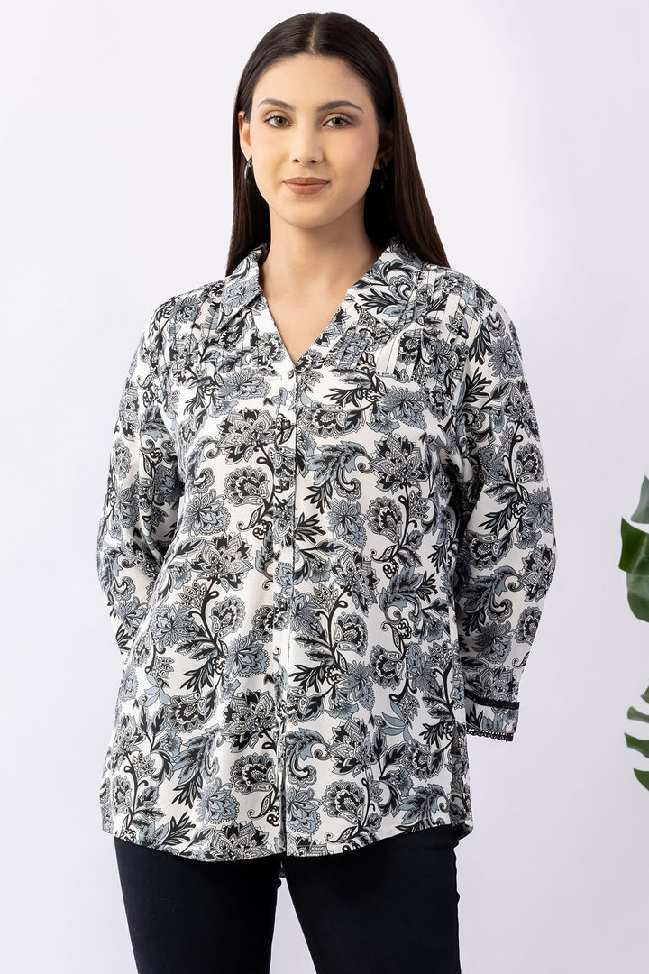 Black Printed Viscose Shirt with Collar &amp; 3/4 Sleeves