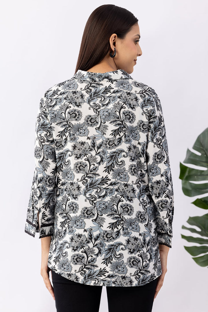 Black Printed Viscose Shirt with Collar &amp; 3/4 Sleeves