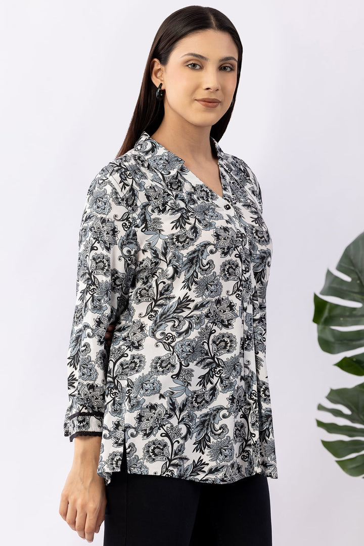 Black Printed Viscose Shirt with Collar &amp; 3/4 Sleeves