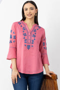 Pink Embroidered Cotton Top with Mandarin Neck & 3/4 Sleeves