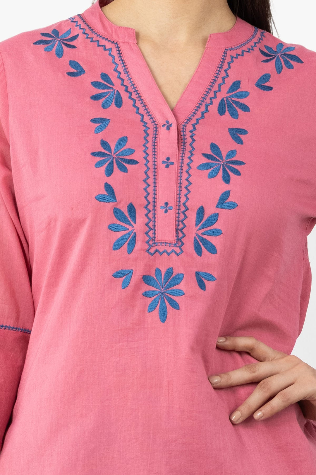 Pink Embroidered Cotton Top with Mandarin Neck &amp; 3/4 Sleeves