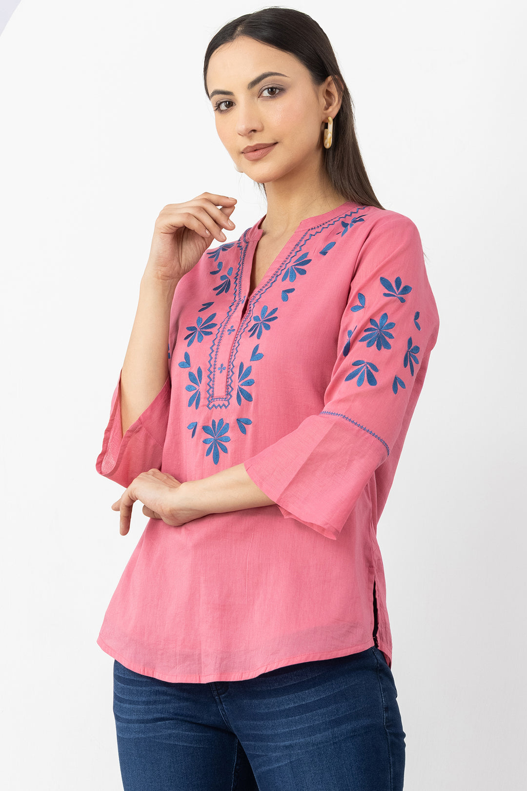 Pink Embroidered Cotton Top with Mandarin Neck &amp; 3/4 Sleeves