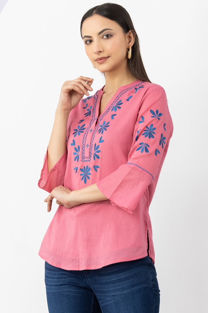 Pink Embroidered Cotton Top with Mandarin Neck &amp; 3/4 Sleeves