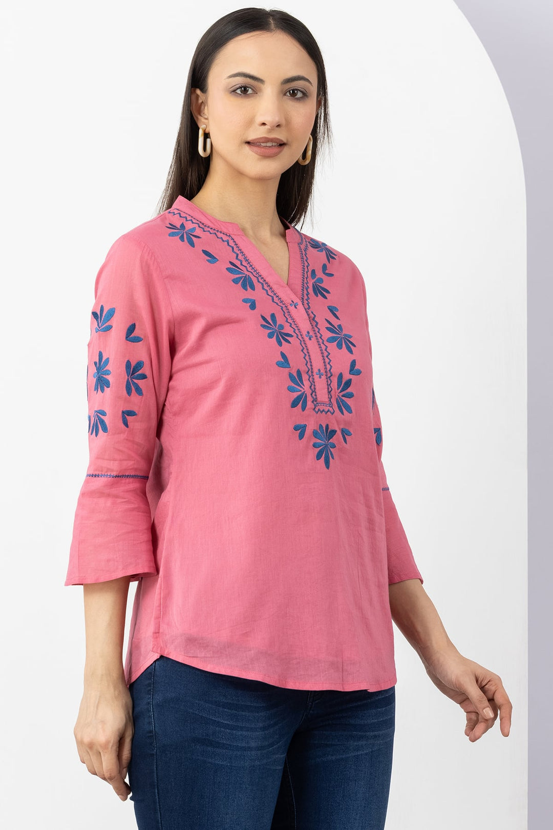 Pink Embroidered Cotton Top with Mandarin Neck &amp; 3/4 Sleeves