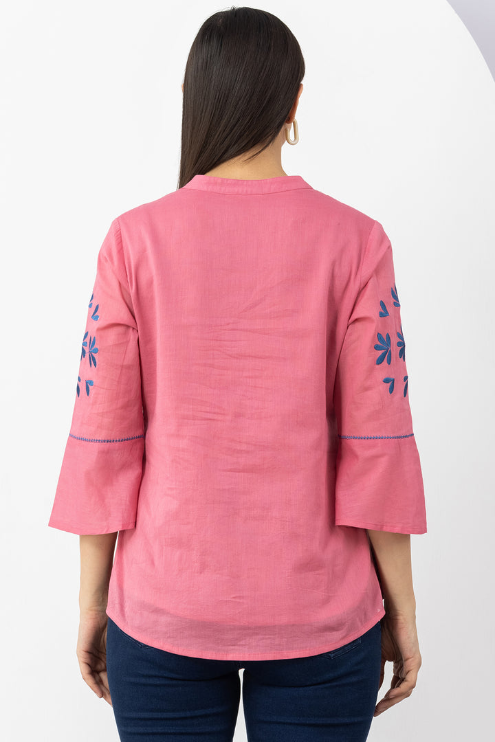 Pink Embroidered Cotton Top with Mandarin Neck &amp; 3/4 Sleeves