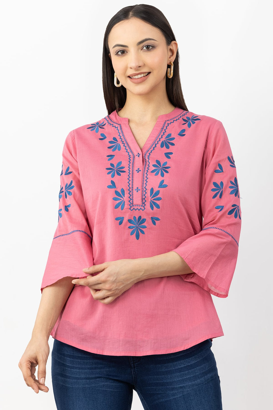 Pink Embroidered Cotton Top with Mandarin Neck &amp; 3/4 Sleeves