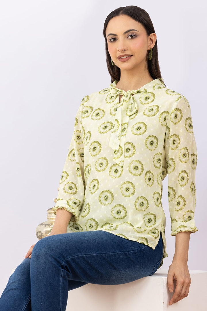 Printed Light Green Marble Chiffon Top with String Tie Neck &amp; 3/4 Sleeves