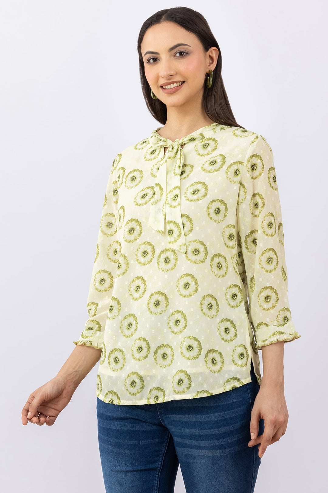Printed Light Green Marble Chiffon Top with String Tie Neck &amp; 3/4 Sleeves