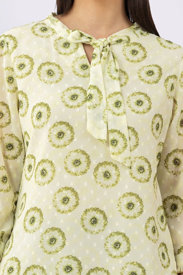 Printed Light Green Marble Chiffon Top with String Tie Neck &amp; 3/4 Sleeves