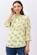 Printed Light Green Marble Chiffon Top with String Tie Neck & 3/4 Sleeves