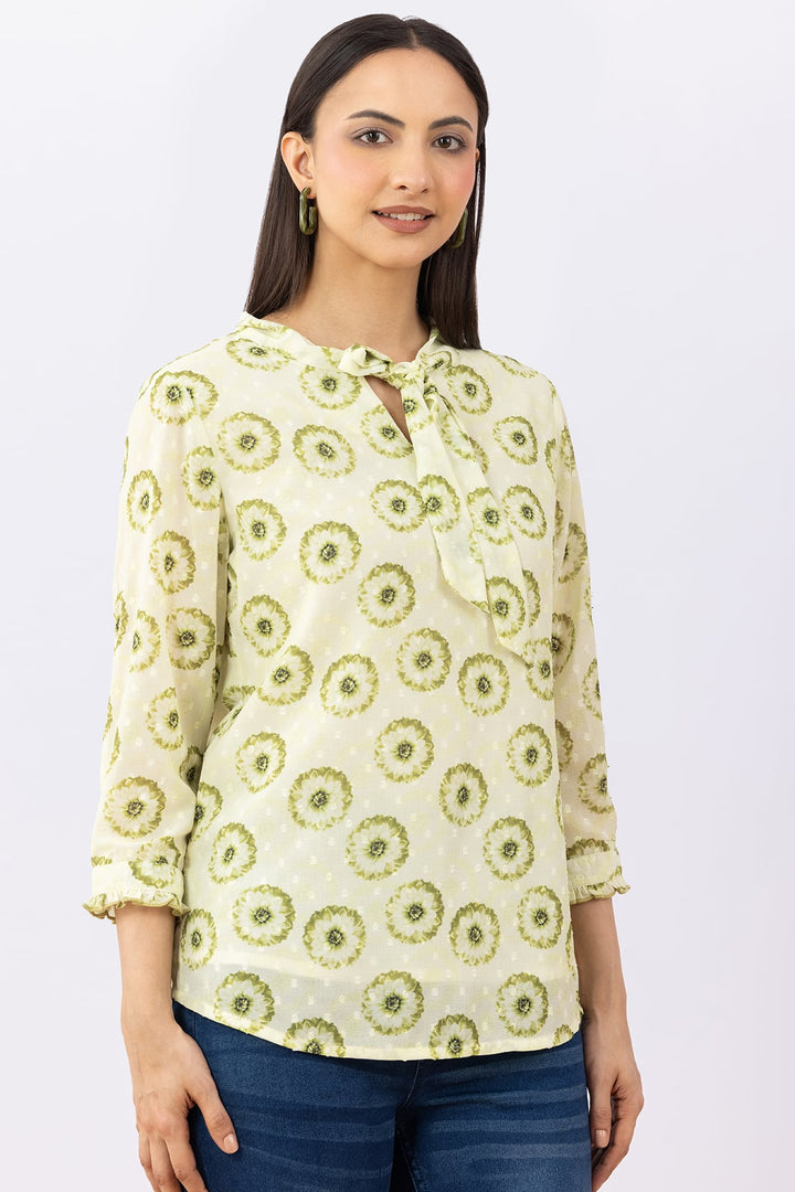Printed Light Green Marble Chiffon Top with String Tie Neck &amp; 3/4 Sleeves