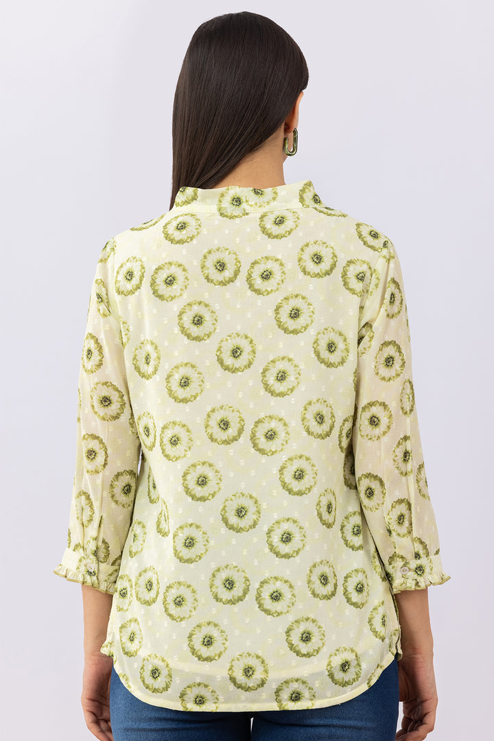 Printed Light Green Marble Chiffon Top with String Tie Neck &amp; 3/4 Sleeves