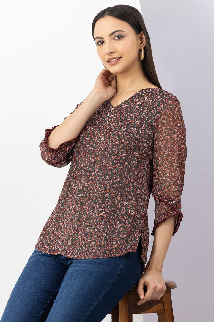 Brown Printed Top with V Neck &amp; 3/4 Sleeves