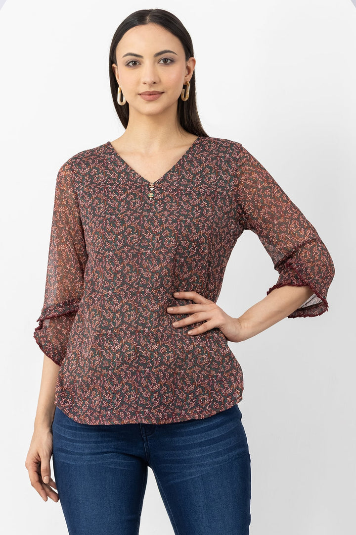 Brown Printed Top with V Neck &amp; 3/4 Sleeves