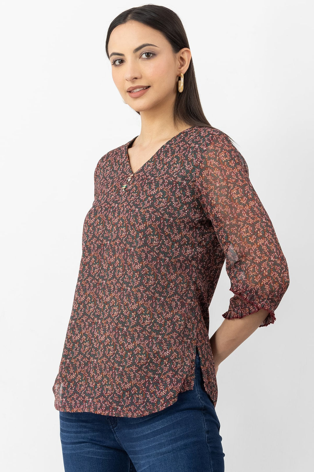 Brown Printed Top with V Neck &amp; 3/4 Sleeves