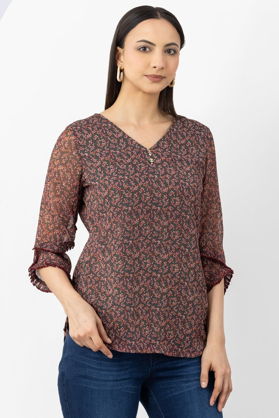 Brown Printed Top with V Neck &amp; 3/4 Sleeves