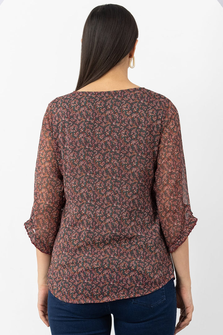 Brown Printed Top with V Neck &amp; 3/4 Sleeves