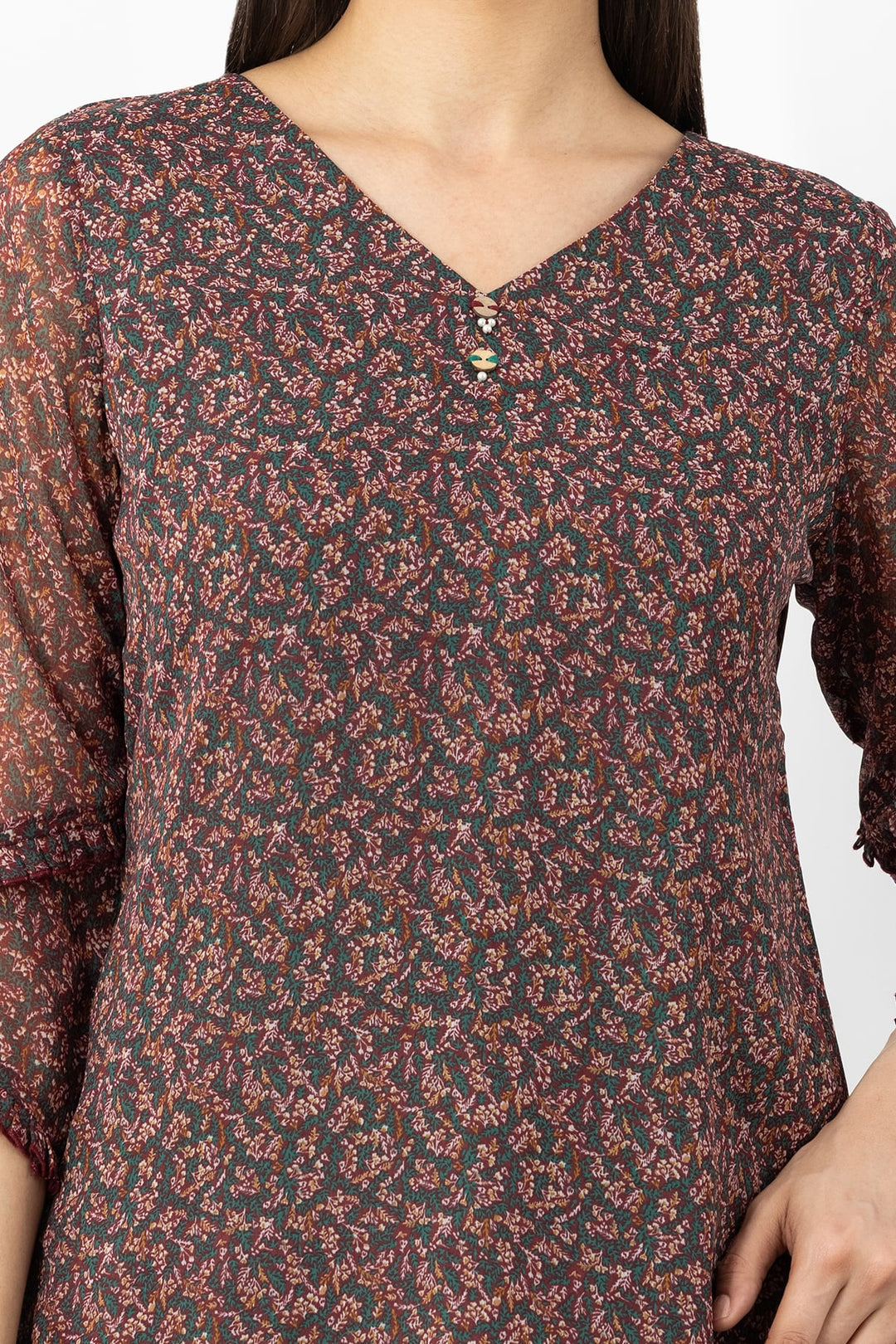 Brown Printed Top with V Neck &amp; 3/4 Sleeves