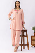 Peach co-ord set for women with embroidered V neck top and pants