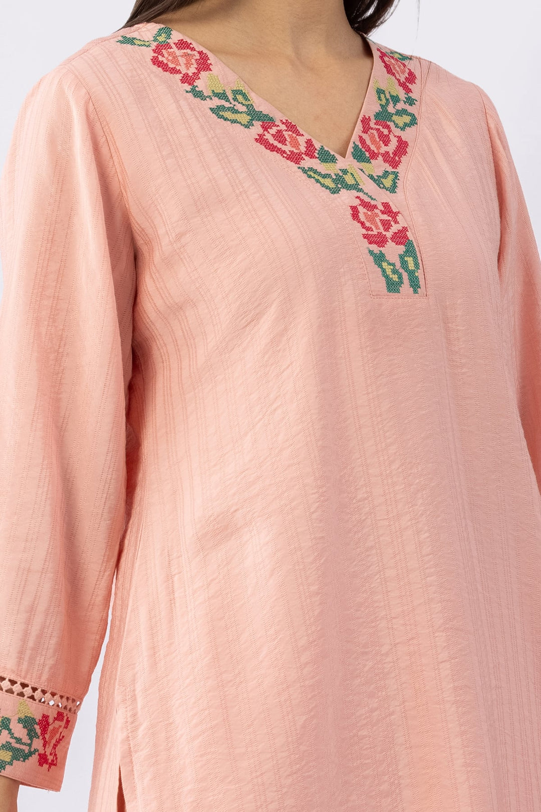 Peach co-ord set for women with embroidered V neck top and pants