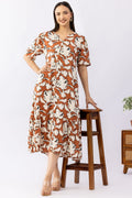 Printed Brick Red Viscose Dress with Round Neck & Half Sleeves
