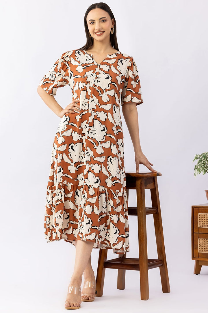 Printed Brick Red Viscose Dress with Round Neck &amp; Half Sleeves