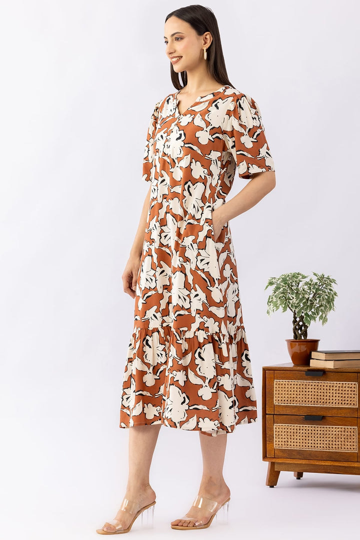 Printed Brick Red Viscose Dress with Round Neck &amp; Half Sleeves