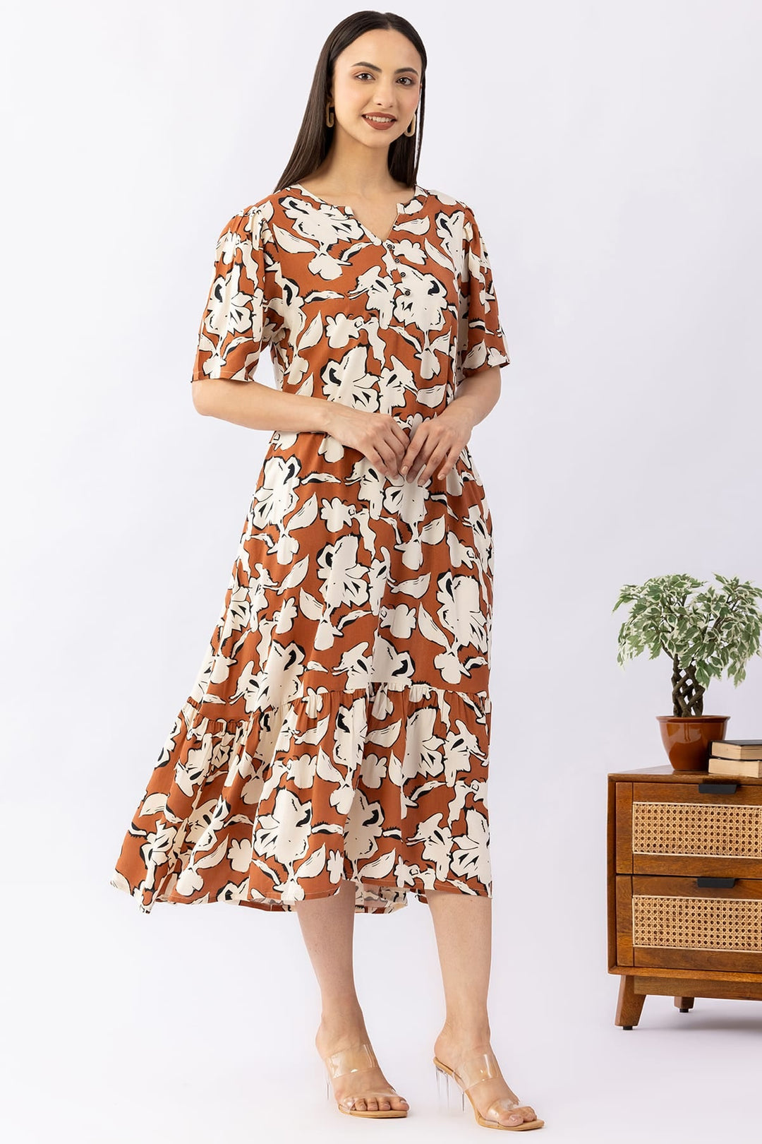 Printed Brick Red Viscose Dress with Round Neck &amp; Half Sleeves