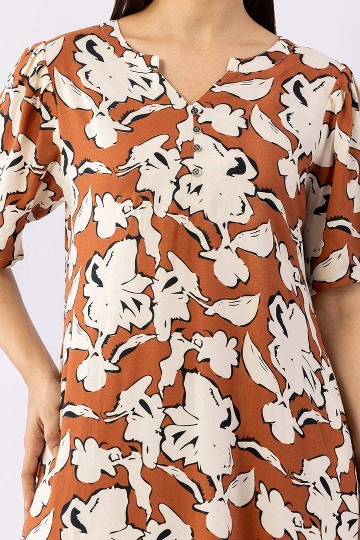 Printed Brick Red Viscose Dress with Round Neck &amp; Half Sleeves