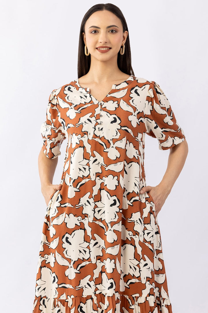 Printed Brick Red Viscose Dress with Round Neck &amp; Half Sleeves