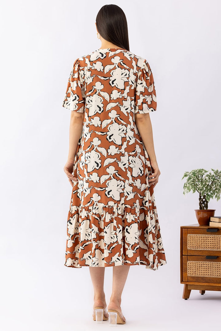 Printed Brick Red Viscose Dress with Round Neck &amp; Half Sleeves
