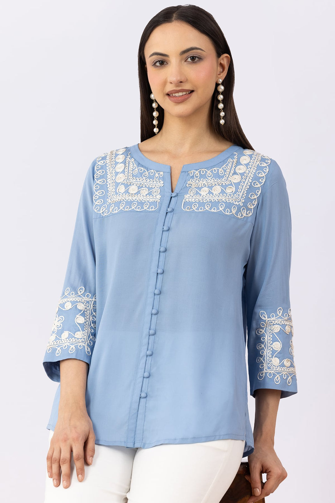 Ice Blue Viscose Modal Embroidered Shirt with Round Neck &amp; 3/4 Sleeves