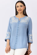 Ice Blue Viscose Modal Embroidered Shirt with Round Neck & 3/4 Sleeves