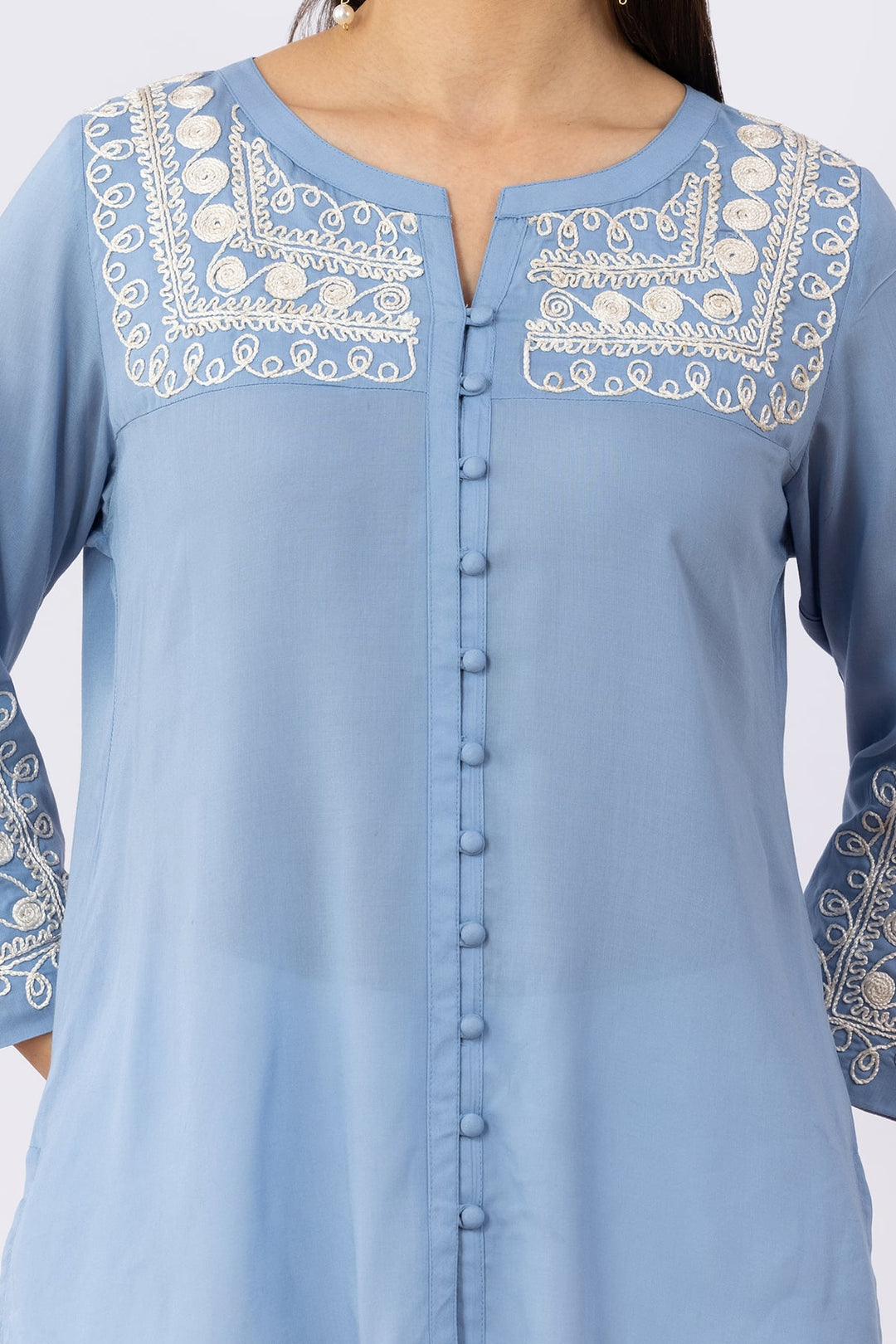 Ice Blue Viscose Modal Embroidered Shirt with Round Neck &amp; 3/4 Sleeves