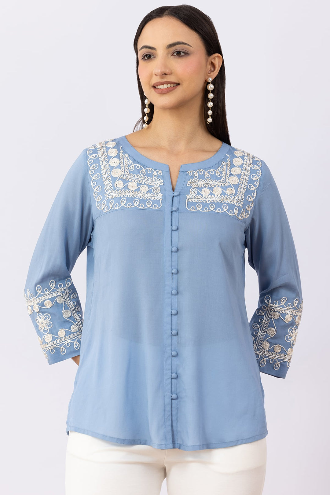 Ice Blue Viscose Modal Embroidered Shirt with Round Neck &amp; 3/4 Sleeves
