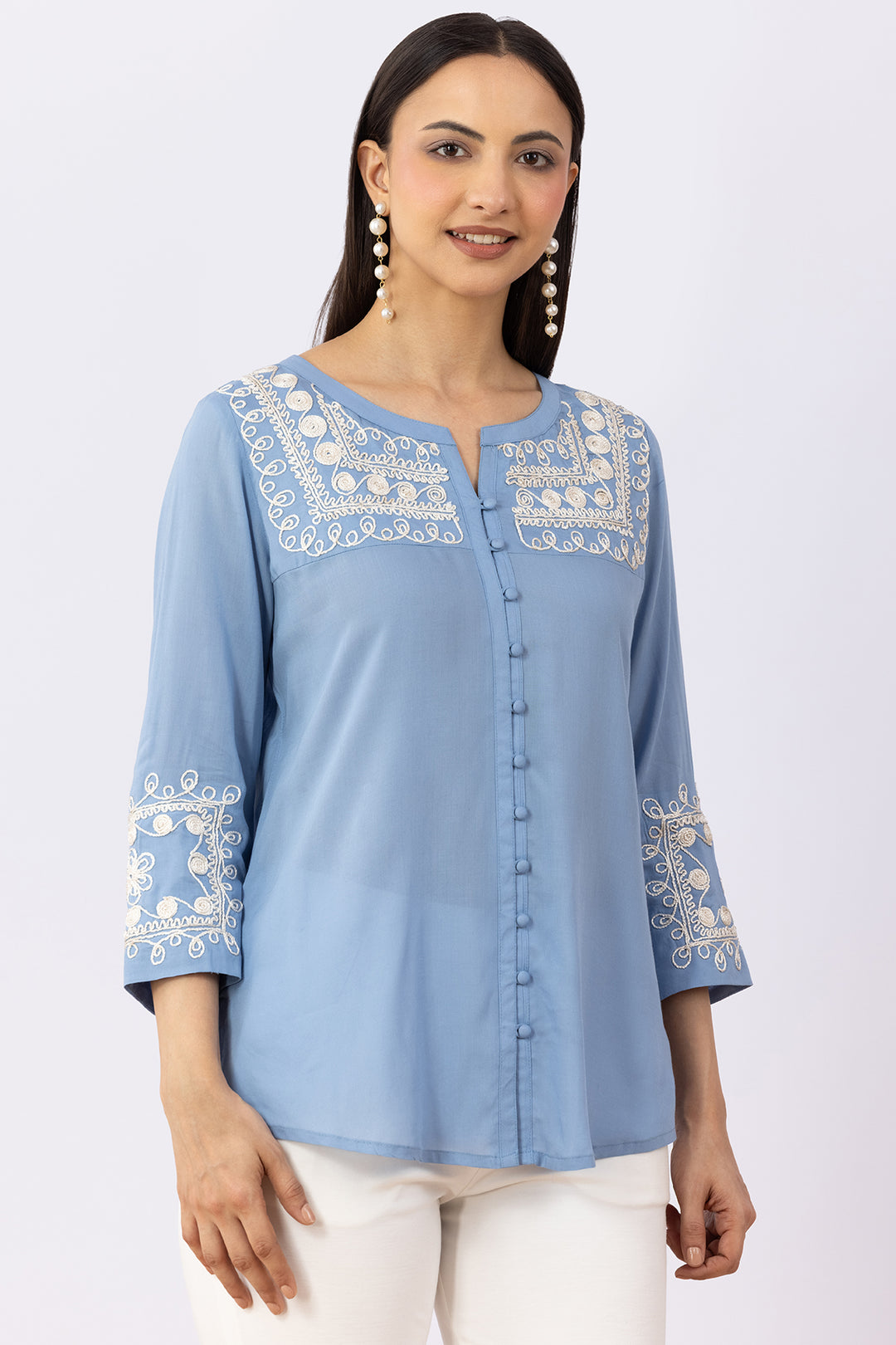 Ice Blue Viscose Modal Embroidered Shirt with Round Neck &amp; 3/4 Sleeves