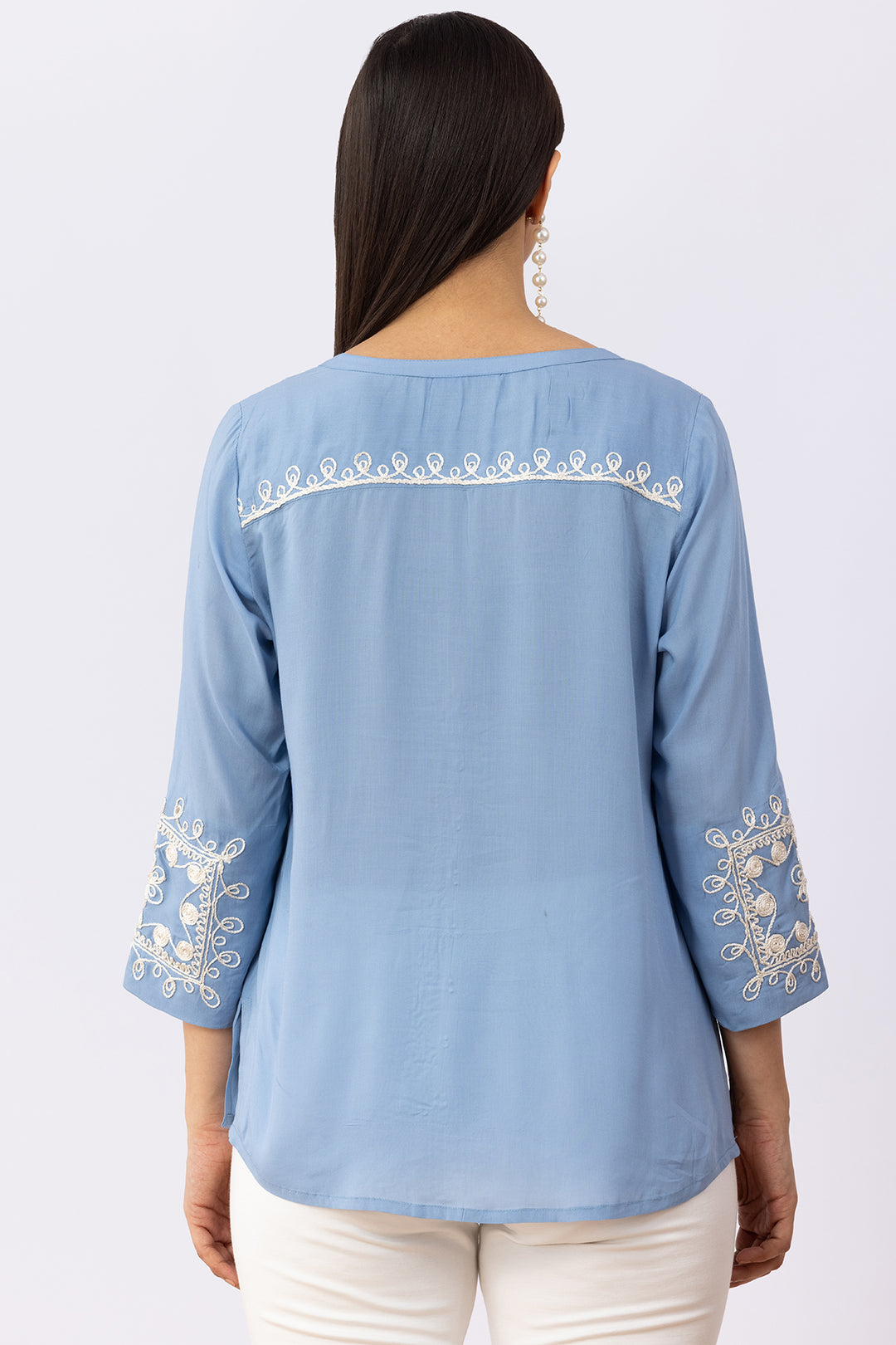 Ice Blue Viscose Modal Embroidered Shirt with Round Neck &amp; 3/4 Sleeves