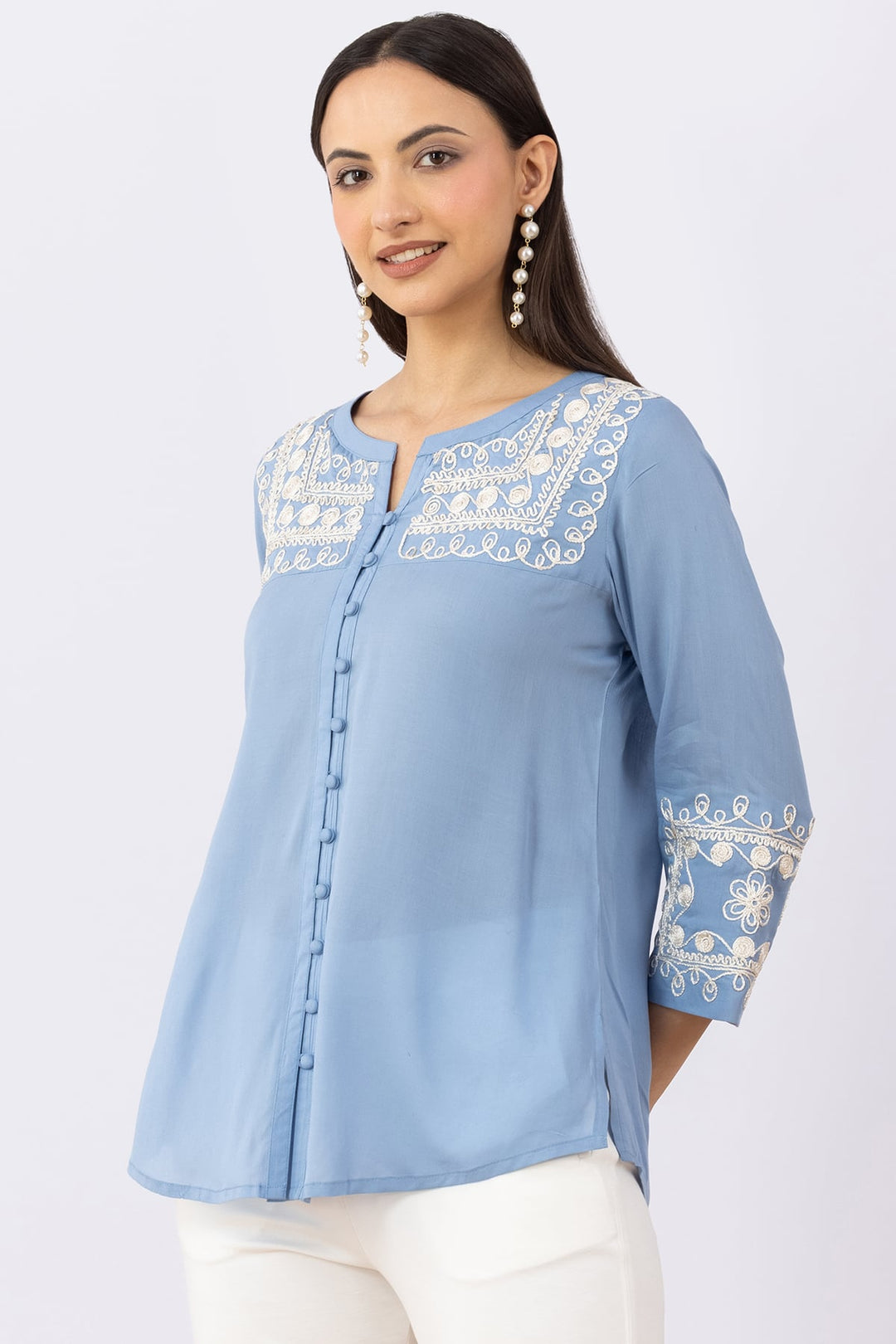 Ice Blue Viscose Modal Embroidered Shirt with Round Neck &amp; 3/4 Sleeves