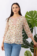 Cream Printed Chiffon Top with Round Neck & 3/4 Sleeves